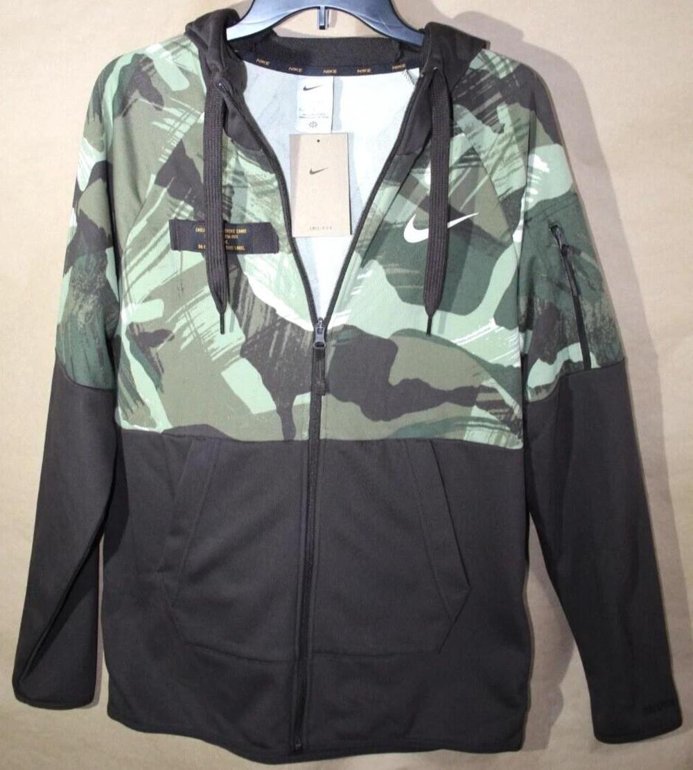 Nike Hoodie Mens S Green Camouflage Full Zip Dri-FIT Hooded Pockets Polyester